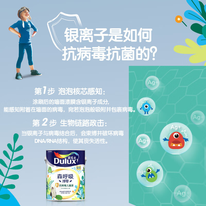 多乐士(Dulux)森呼吸抗病毒全效儿童漆 内墙乳胶漆 油漆涂料墙面漆A8205+A931套装 14L高清大图