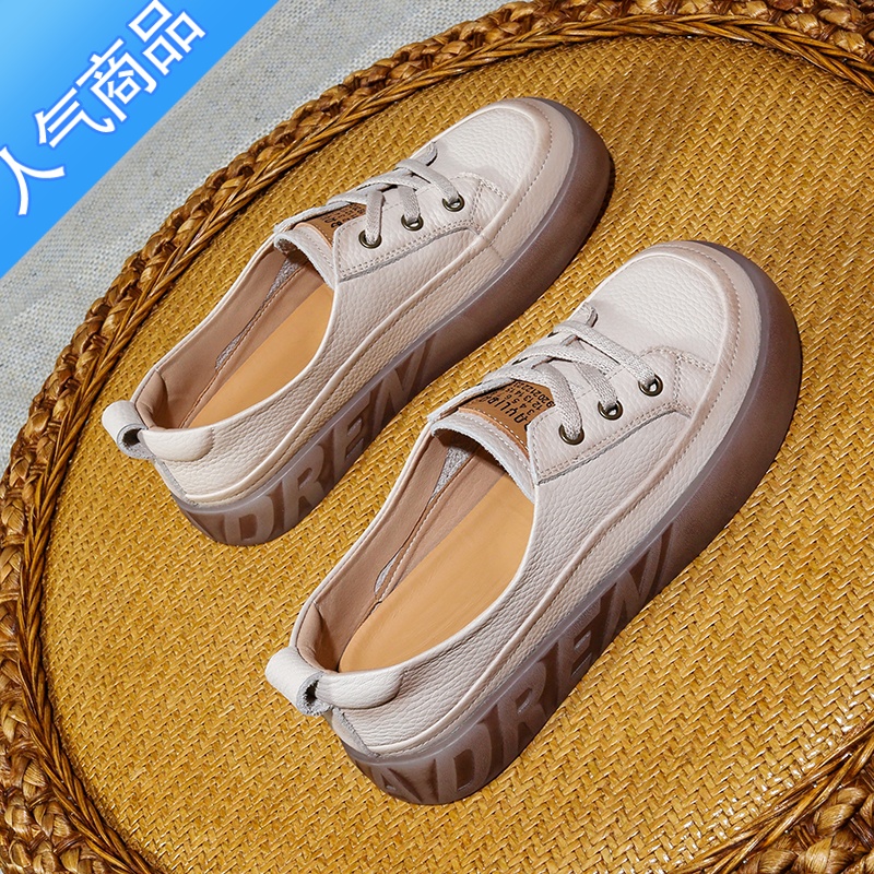 SUNTEK头层小白鞋女2023春夏新款复古休闲平底鞋百搭一脚蹬软底板鞋高清大图