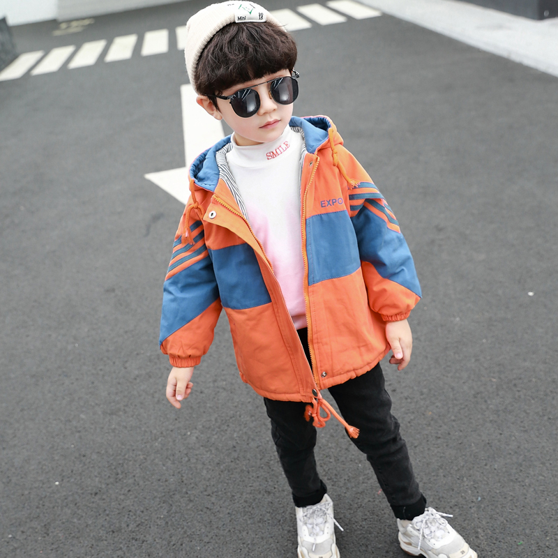 yuansu男童拼色外套2020秋冬夹棉保暖儿童风衣中长款帅气小孩加厚风衣