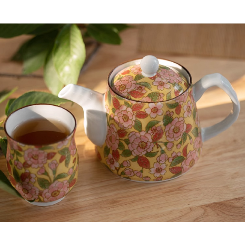 日本进口有田烧花卉提把陶瓷茶壶茶杯一壶二杯带礼盒 野樱蓝色野樱黄色随机发(单位:套)
