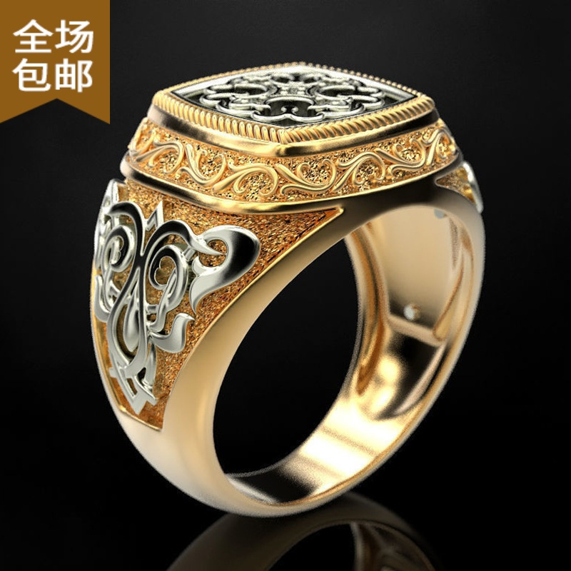 chunmiwish新款通花镀黄金双色戒指男士欧美复古雕刻花纹男订婚戒指