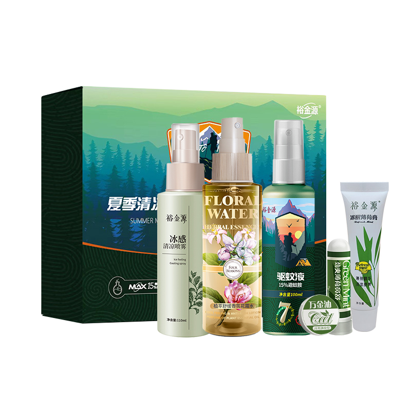 裕金源夏季清凉驱蚊套装驱蚊液110ml+植萃舒缓香氛花露水120ml+冰感清凉喷雾110ml+ 薄荷膏10g+鼻舒1.5高清大图