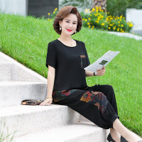 中老年女套装奶奶夏装短袖T恤胖妈妈两件套夏季太太加肥大码衣服_1 7XL(建议180斤-210斤） 黑色套装