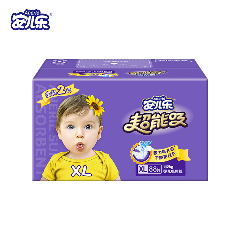 安儿乐(Anerle)彩箱装超能吸2代婴儿纸尿裤/尿不湿 加大号 (XL号)88片(12kg以上)(国产)