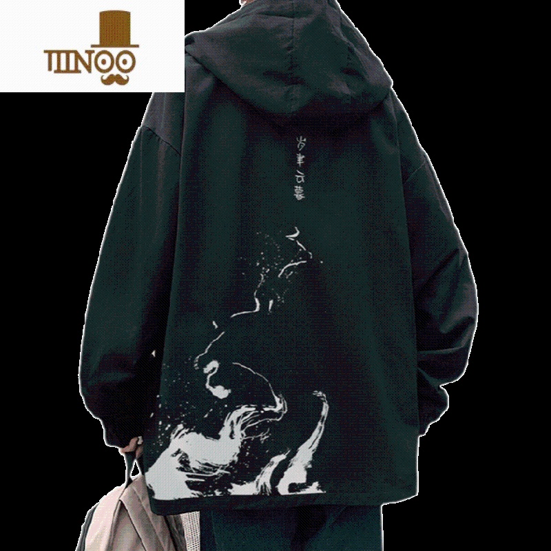 YANXU国潮港风撞色泼墨连帽夹克男2023新款青少年男装帅气学生外套高清大图