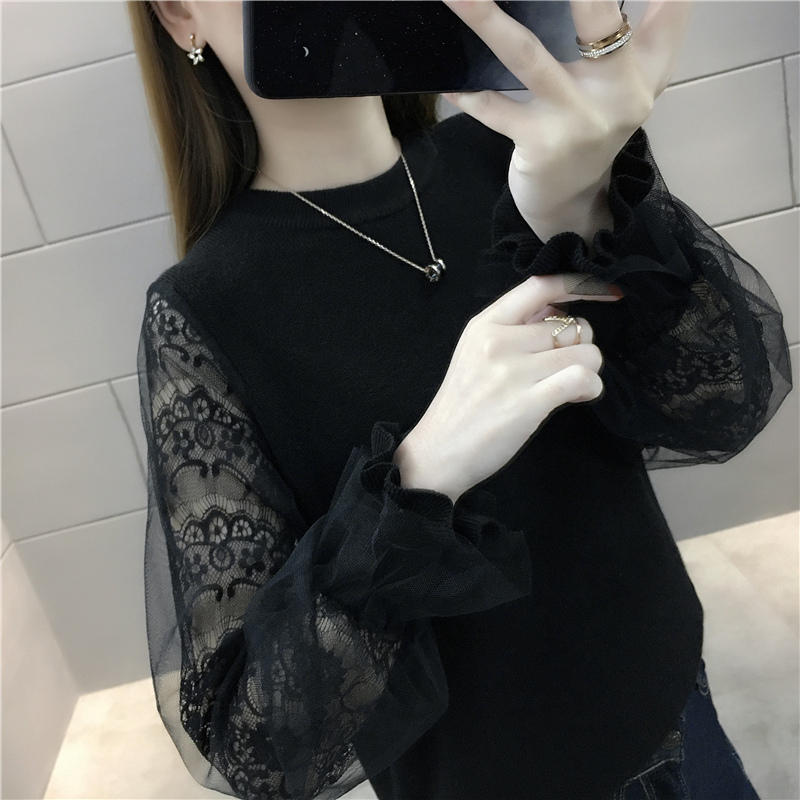 小样传奇 2024春秋新款女装宽松韩版网纱蕾丝拼接针织衫短款长袖百搭毛衣女外穿上衣