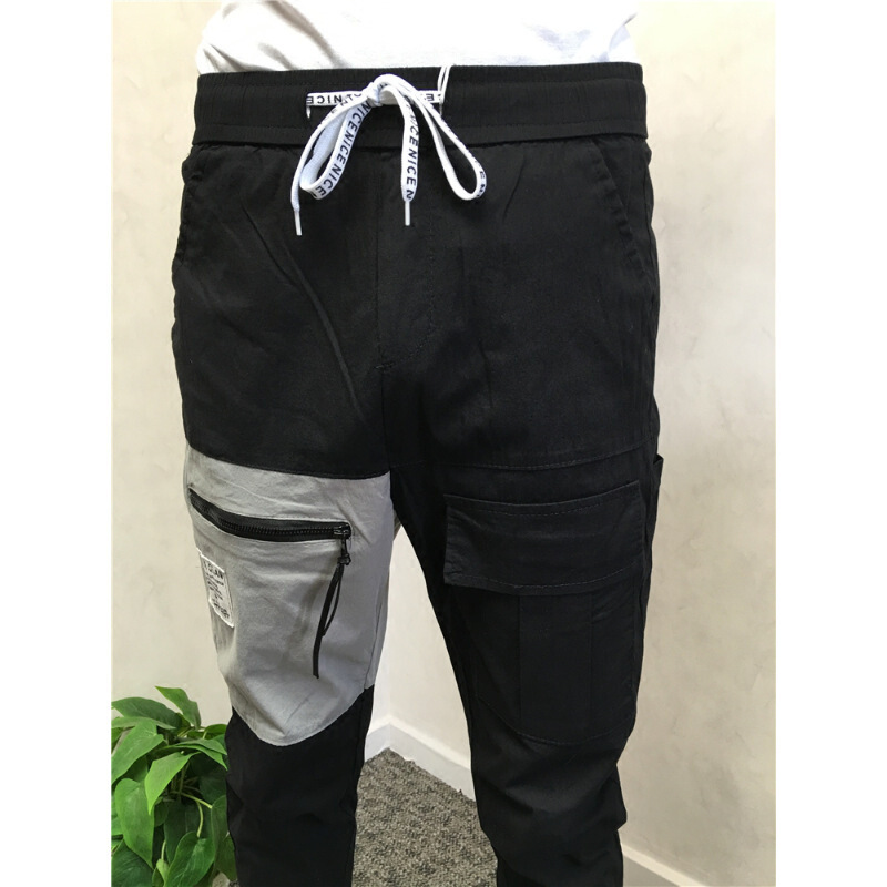 潮男社会小伙夏季休闲裤子修身小脚束脚裤精神快手哈伦大裆九分裤黑色