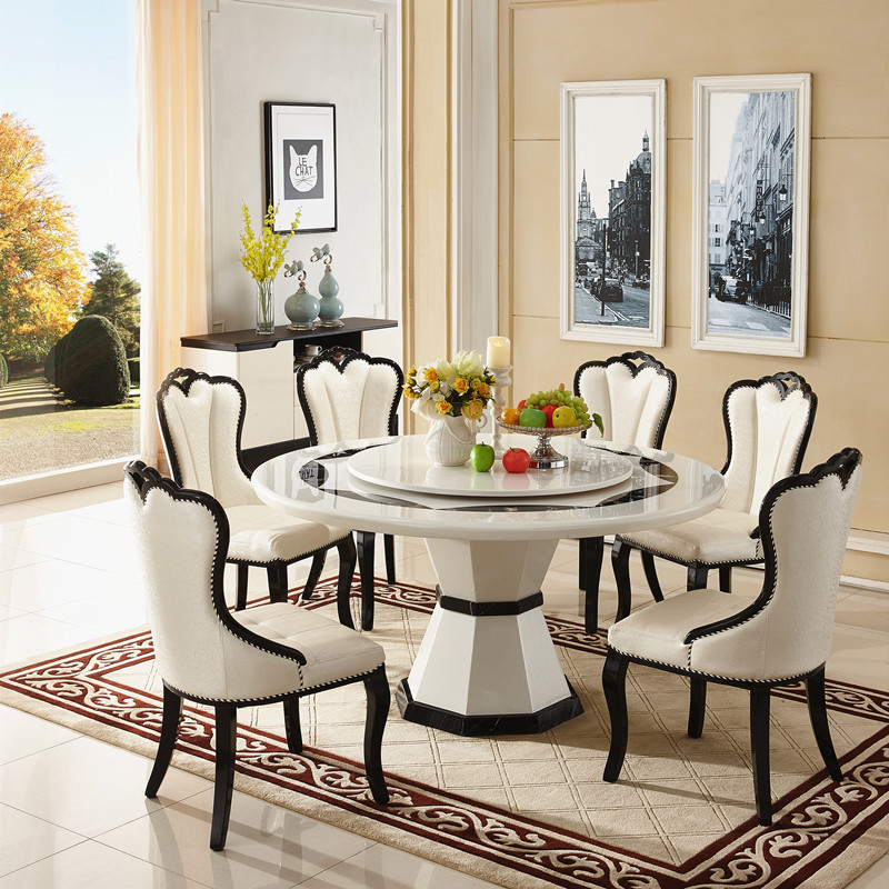 轻奢大理石圆形欧式餐桌椅组合一桌六椅闪电客会所6人家用饭桌圆桌