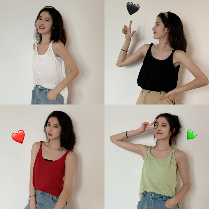 suntek绿色吊带上衣女外穿ins超火韩版宽松百搭无袖u型美背内搭背心