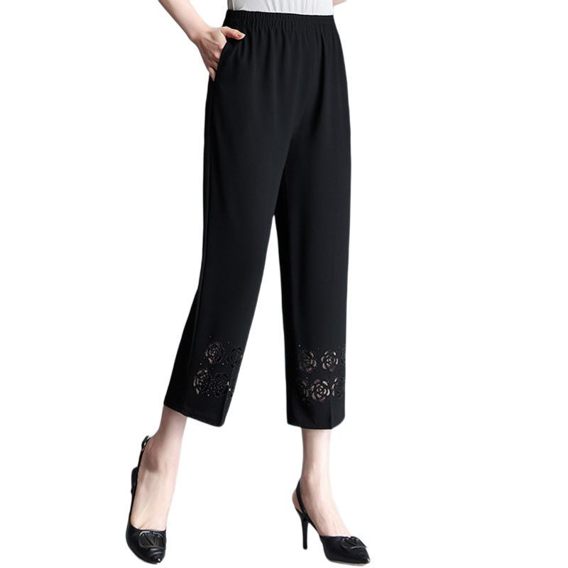 艾格时尚女裤夏天松紧腰镂空七分裤洋气夏装百搭直筒裤休闲裤子视频