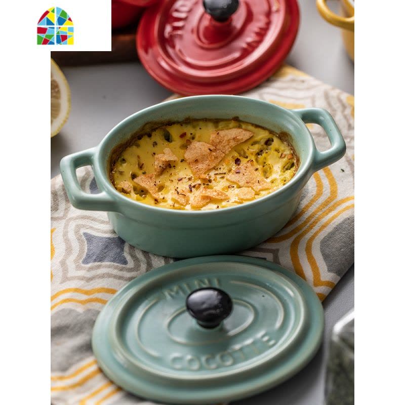 烤碗带盖烘焙碗陶瓷小号布丁碗家用微波炉烤箱专用舒芙蕾烤碗 FENGHOU 椭圆带盖小烤碗200ml(绿色)图片