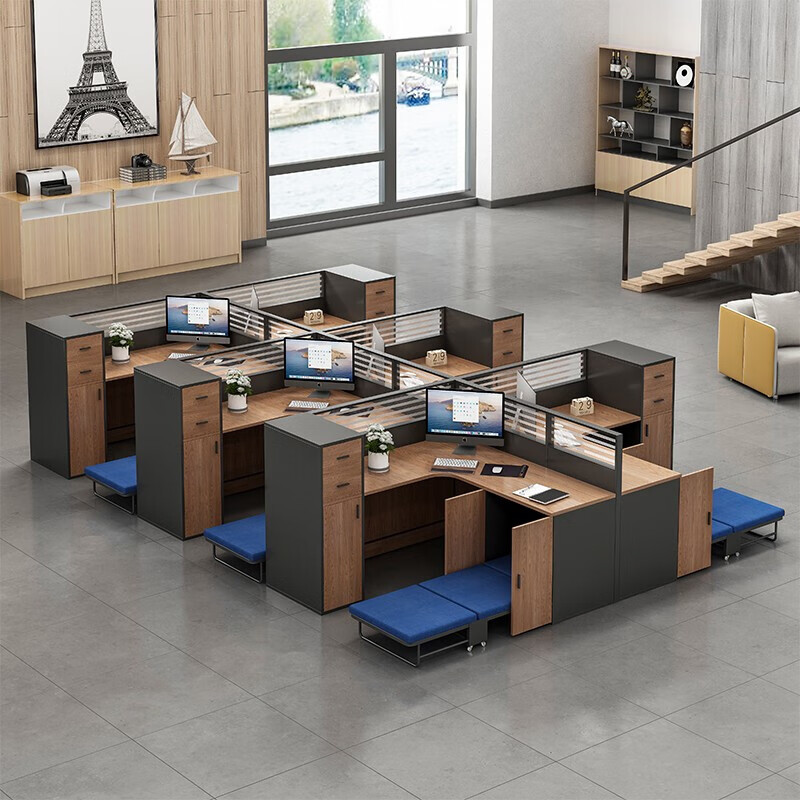 域赢屏风办公桌职员位电脑桌财务桌隔断卡座含折叠午休床干字型6人位高清大图