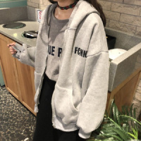 秋冬装新款字母印花加绒开衫卫衣女韩版ins连帽拉链外套女装 XL 灰色