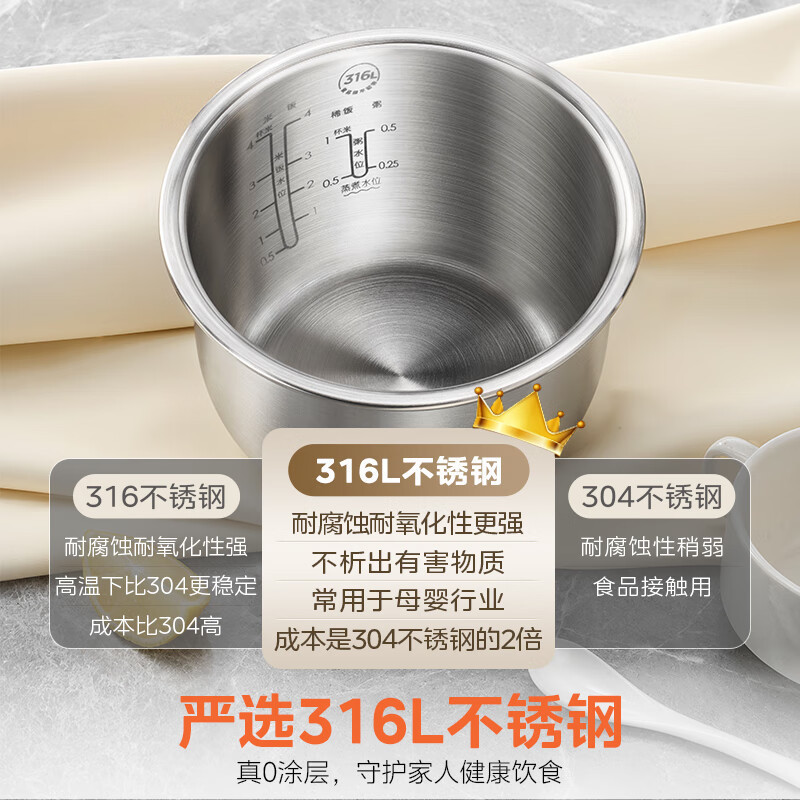 美的(Midea)电饭煲MB-RC201S电饭锅2升不锈钢0涂层不粘内胆家用多功能煮饭锅