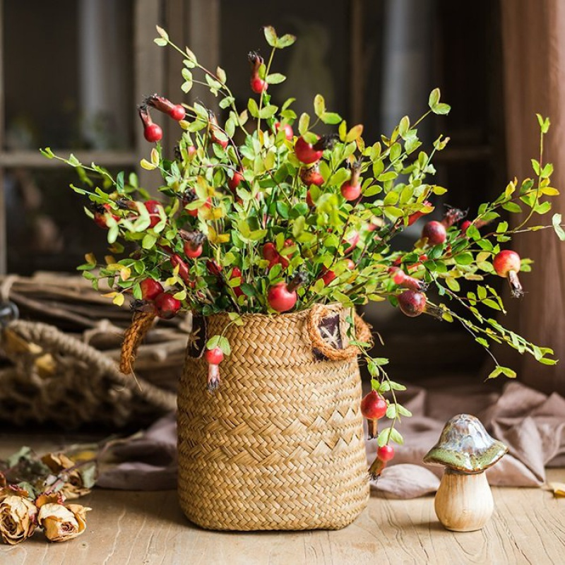 家柏饰(CORATED)编花篮花筒花器花瓶收纳篮筐装饰美式乡村桌面工艺 草编花篮小+小石榴支套装 中
