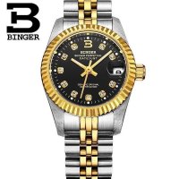 宾格BINGER 自动机械表 女士手表 独具匠心 时尚实心金属精钢表带 背透镂空防水夜光情侣表女表 朗度间金黑面女款