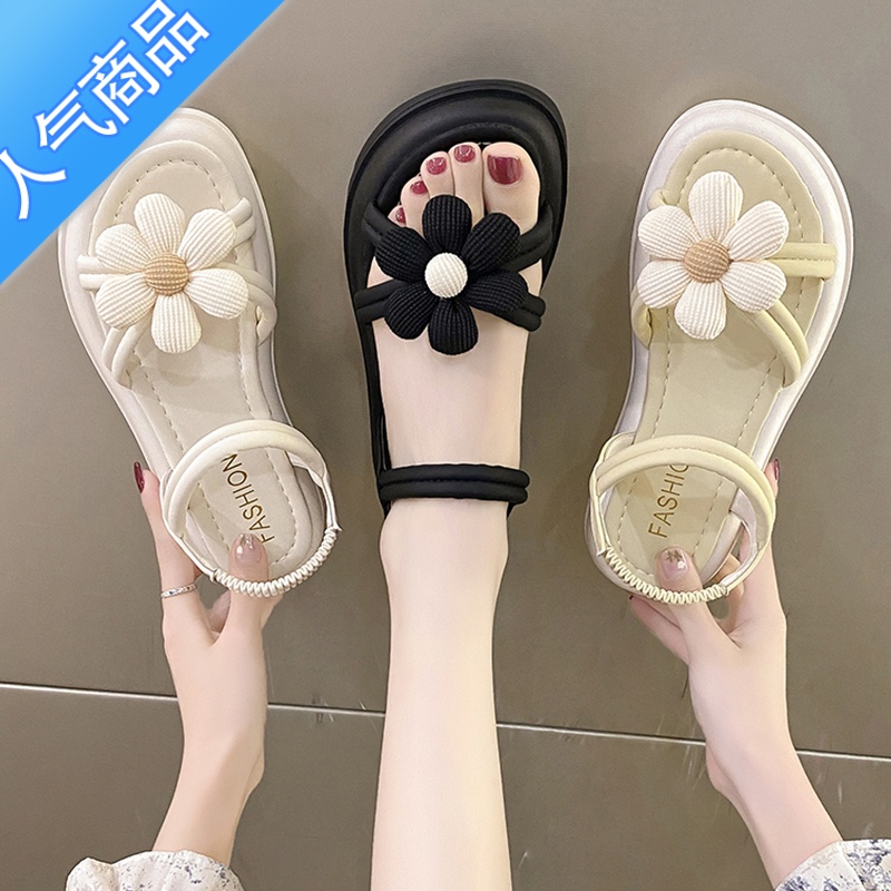 SUNTEK凉鞋女2023新款夏外穿花朵厚底凉拖网红仙女风配裙子两穿软底拖鞋高清大图