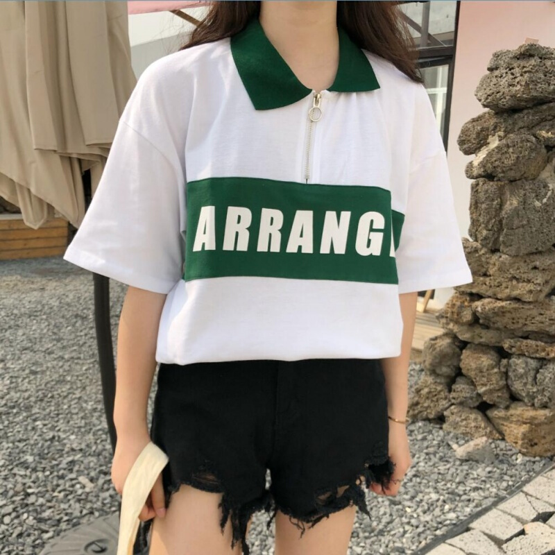 夏装女装韩版拼接字母印花T恤宽松短袖polo衫打底衫上衣体恤学生黑色均码