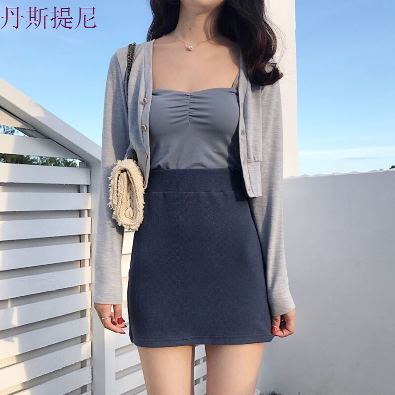 韩风Chic高腰修身显瘦包臀针织半身裙纯色简约休闲百搭A字短裙女奶茶色均码