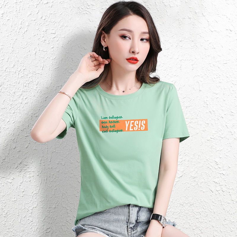 CACHE CACHE纯棉薄荷绿圆领短袖字母印花T恤韩系百搭宽松上衣ins