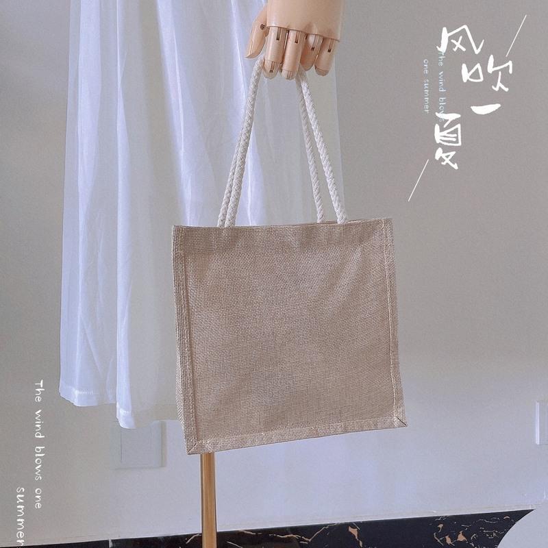 DIY亚麻手提袋可爱手拎饭盒包女手提便当包上班族防水午餐带饭包 亚麻款2 高23长23宽12厘米