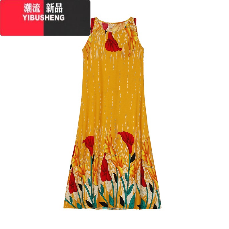 YIBUSHENG中年妈妈装棉绸连衣裙女装无袖中长款宽松大码显瘦沙滩大摆裙子高清大图