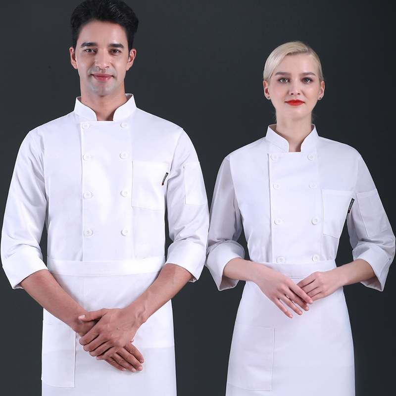 优布 纯白厨师服工作服长袖秋冬纯色耐磨易洗工装 长袖+围裙[白色]高清大图