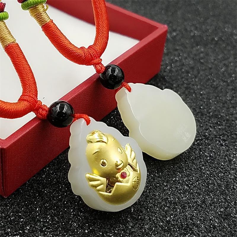 金镶玉金鸡坠和田玉镶3D黄金十二生肖鸡年礼品挂饰PTJWX9906送女朋友七夕情人节礼物