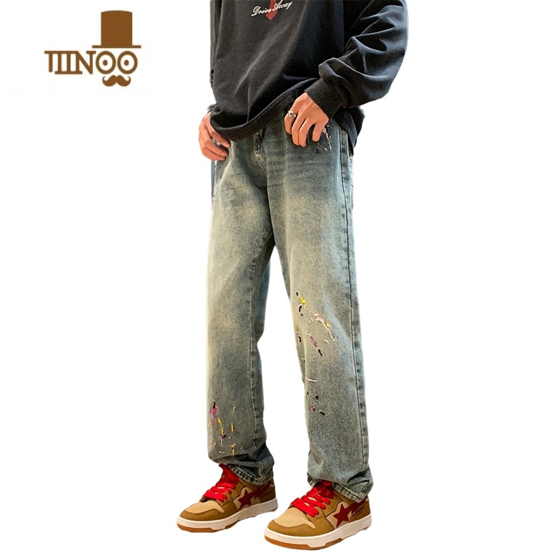 YANXU美式高街泼墨刺绣牛仔裤男vibe潮牌水洗做旧直筒宽松长裤子hiphop