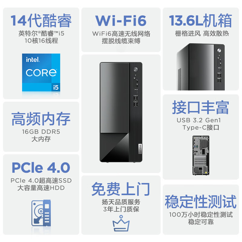联想(Lenovo)扬天M460 商用办公台式电脑主机(i5-14400 16G DDR5 1T SSD固态硬盘 Win11) 定制升级高清大图