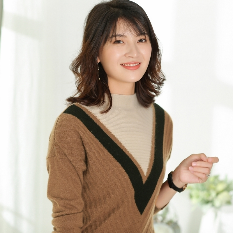 2017秋冬季新款羊绒衫女装高领修身混色条纹韩版加厚针织衫