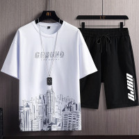 短袖套装男士夏季韩版新款时尚潮流印花短裤青少年两件套_1 XL 城市白色套装