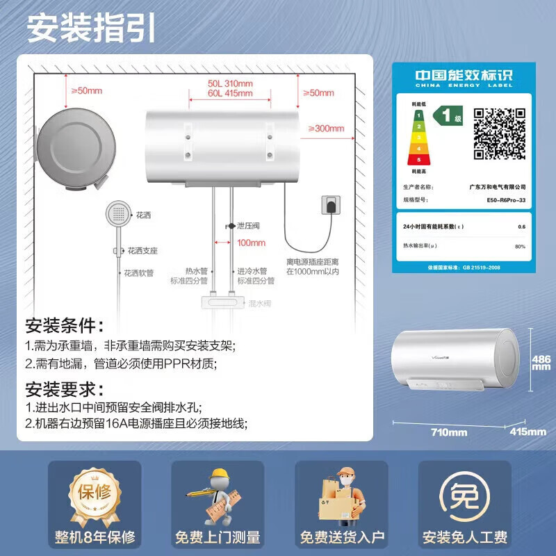 万和(Vanward)[长白山R6Pro活水洗] 50升电热水器10倍增容大水量家用热水器1100W+2200W双管变频高清大图