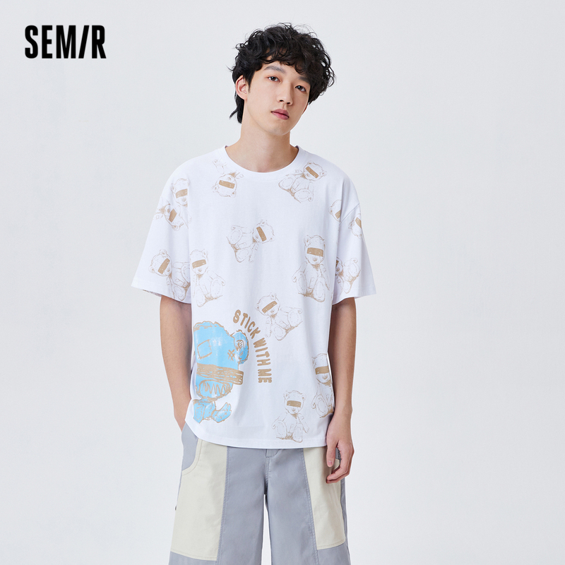 semir森马2021年夏季新款宽松个性满印图案打底休闲上衣短袖t恤男