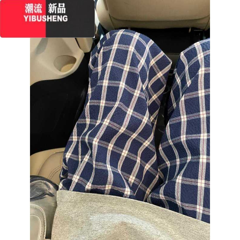 YIBUSHENG完全不挑身材!格子休闲裤女早秋美式复古薄款慵懒风直筒阔腿裤子