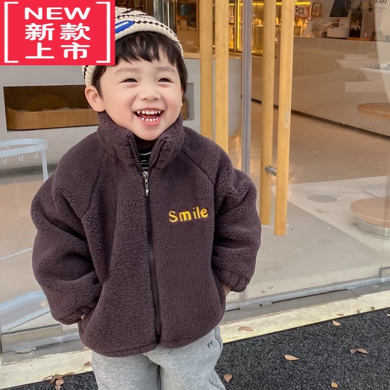 可莉允男宝宝冬装加绒加厚棉衣外套男童棉服笑脸新款儿童羊羔绒女童棉袄图片