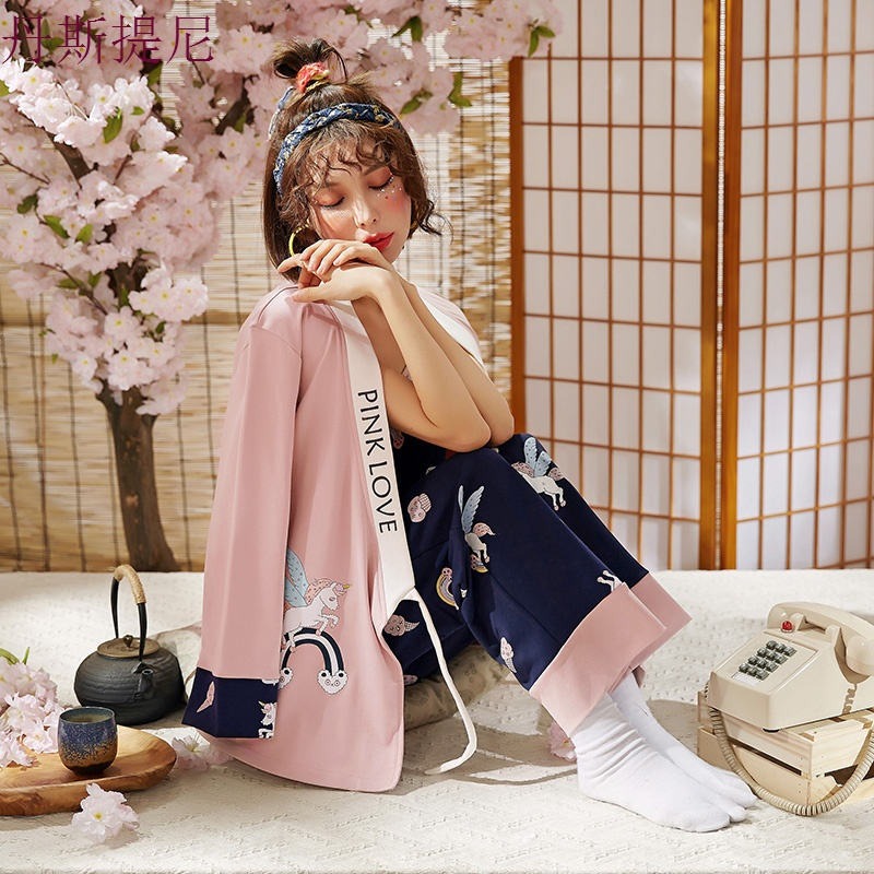 睡衣女春秋冬季长袖卡通可爱睡袍三件套日式和服家居服套装