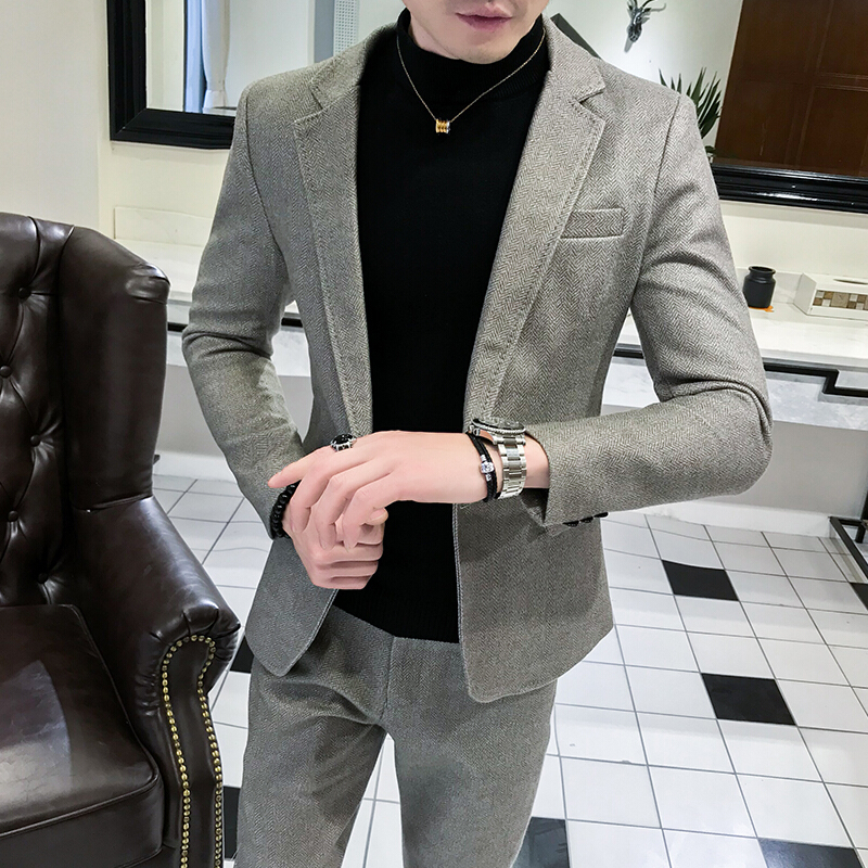 梵克公牛2019年秋季新款网红男商务休闲常规呢料长袖单扣西服套装