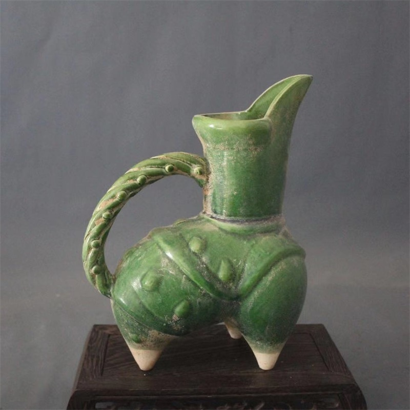 美帮汇景德镇仿古陶瓷唐三彩绿釉三足夜壶执壶酒杯家居装饰展柜古玩摆件高清大图