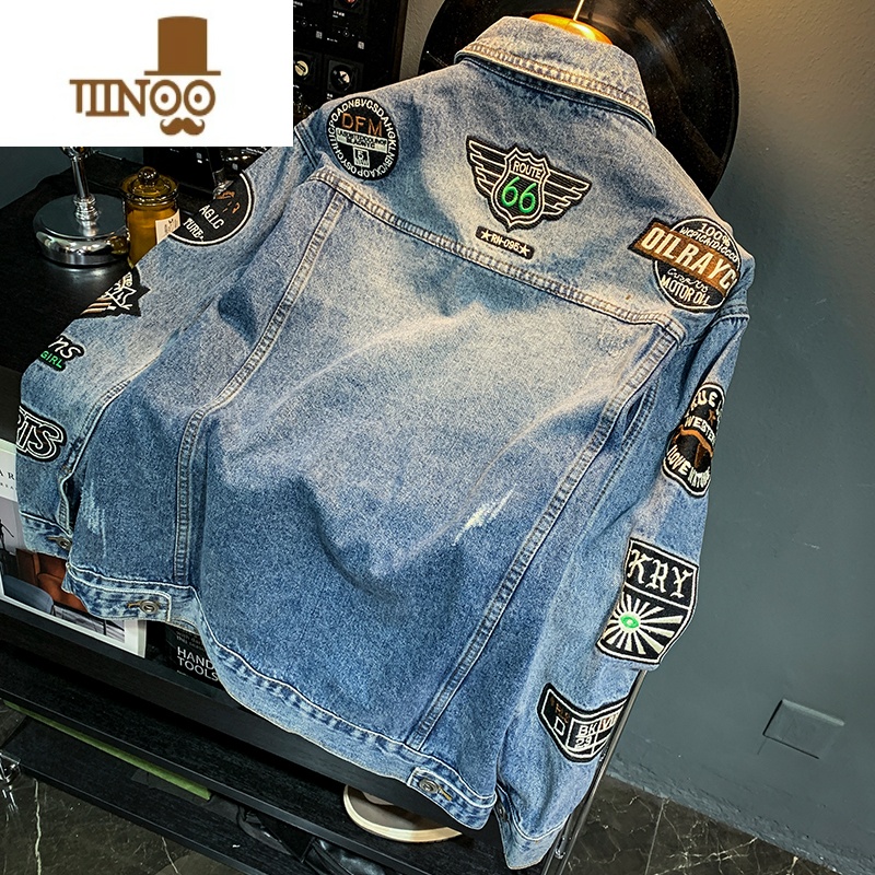 YANXU潮男牛仔外套2023美式复古个性刺绣外穿宽松长袖牛仔衣夹克男高清大图