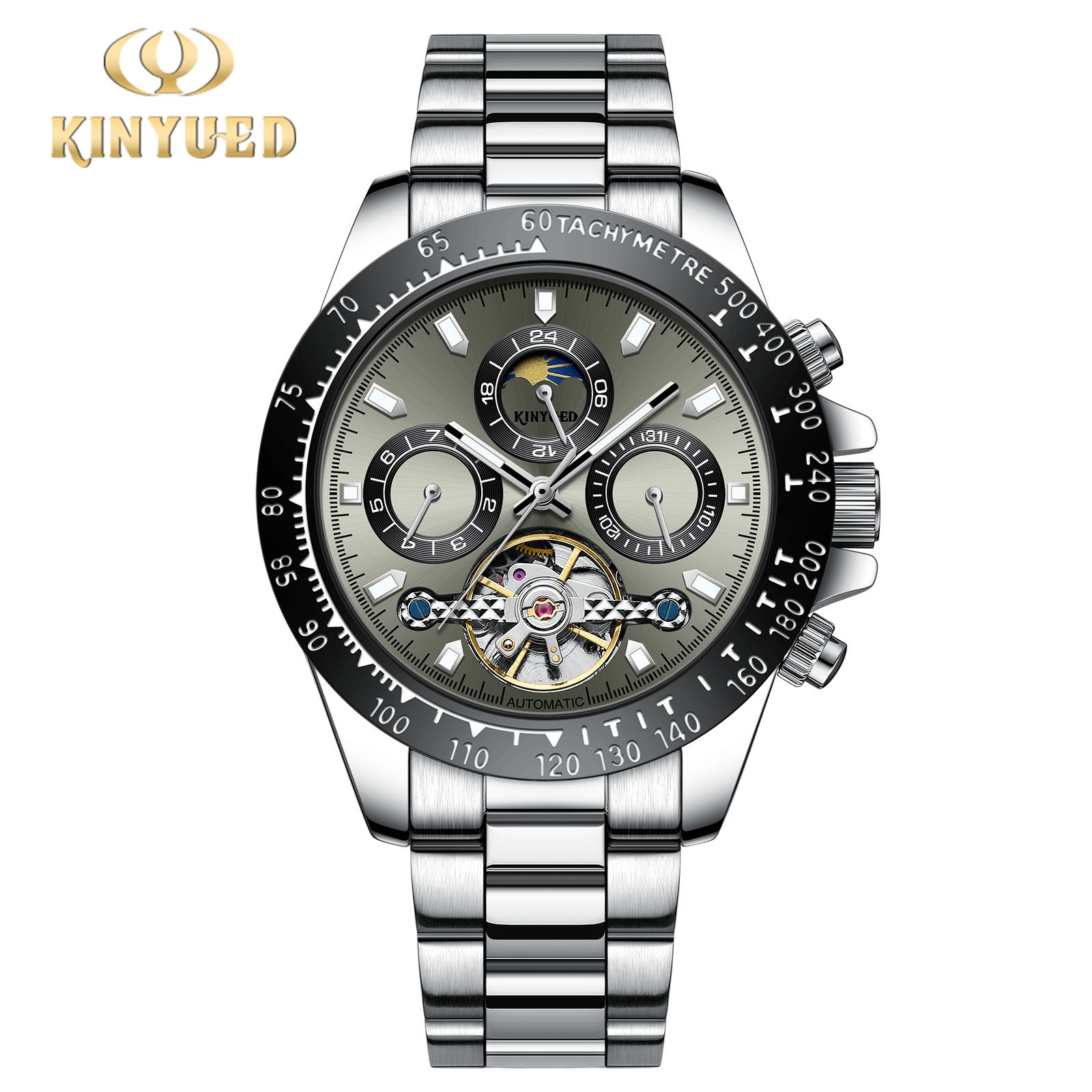 新款KINYUED全自动机械男士手表商务风带星期/月相多功能机械表男表 银壳黑圈+灰面+银钢带