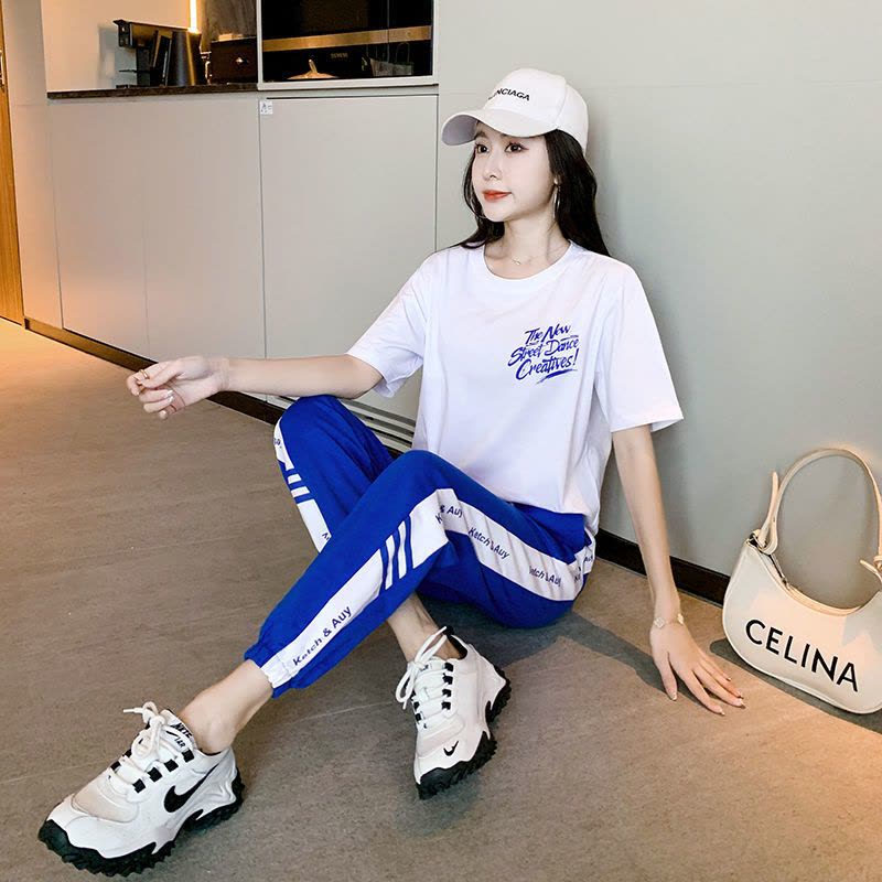 真维斯运动短袖套装女2022夏季薄款网红时尚休闲减龄长裤两件套图片