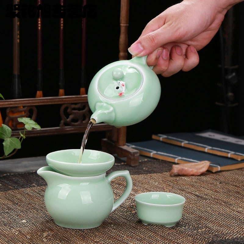 简约青瓷茶具套装鲤鱼茶杯一壶六杯红色彩鲤鱼杯茶洗家用茶具套装多色生活日用家庭清洁生活日用家居器皿水具/水杯