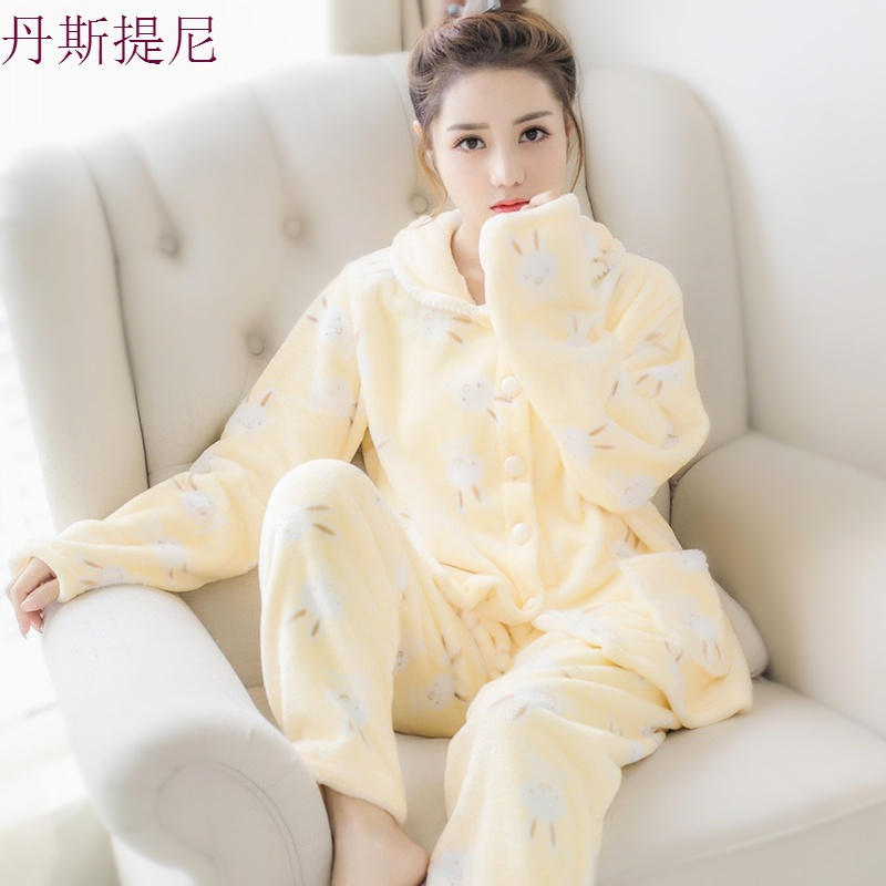 韩版可爱大码珊瑚绒睡衣女秋冬加厚长袖开衫法兰绒睡衣家居服套装