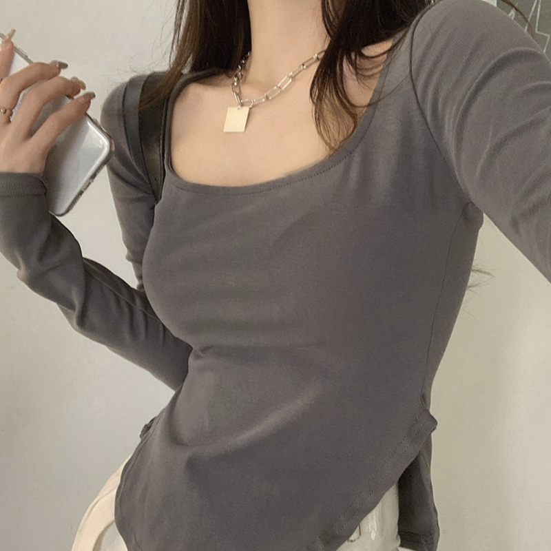 不规则开叉辣妹长袖T恤女2021春秋季韩版修身短款显瘦薄款打底衫 灰色 S