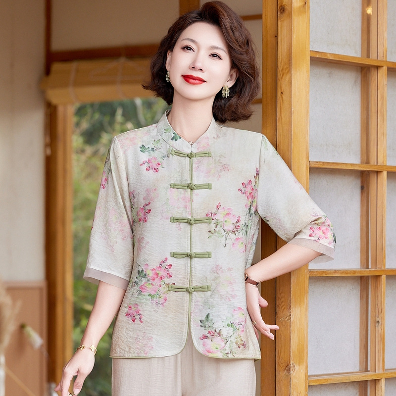 纤孜雅 新中式妈妈夏装薄款开衫2025新款中年洋气时尚百塔上衣裤子两件套 米色 4XL