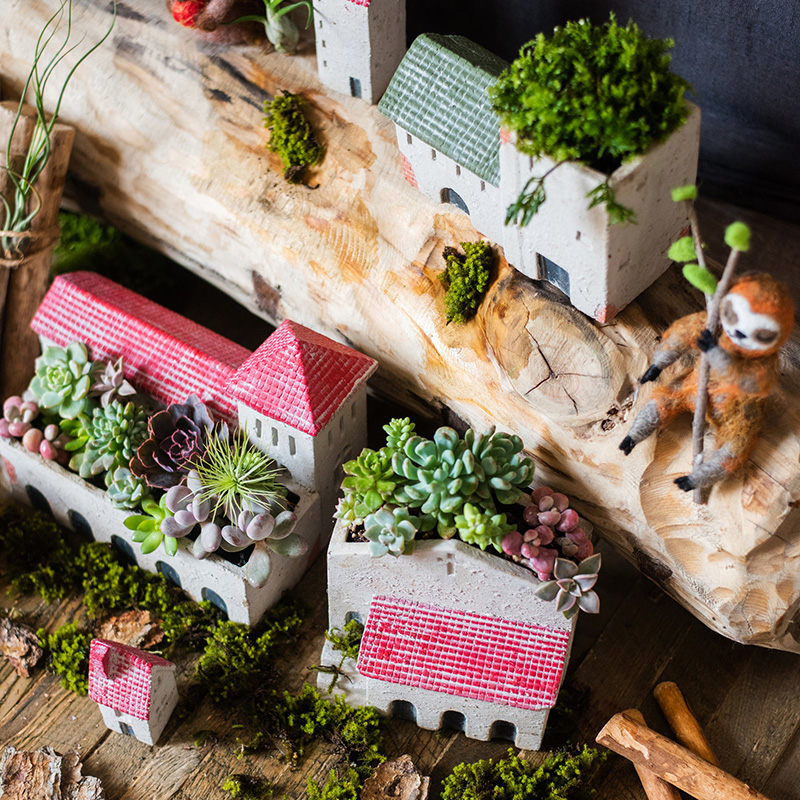 家柏饰(CORATED)圣岛小屋小房子水泥花器多肉花盆艺术摆件杂货花园阳台种植 绿顶小屋(小屋花器D)(不能打孔) 大高清大图