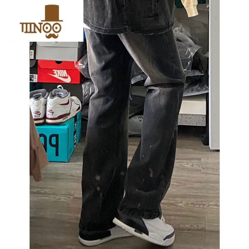 YANXU美式高街复古黑色牛仔裤男复古印花泼墨阔腿宽百搭松直筒拖地裤子