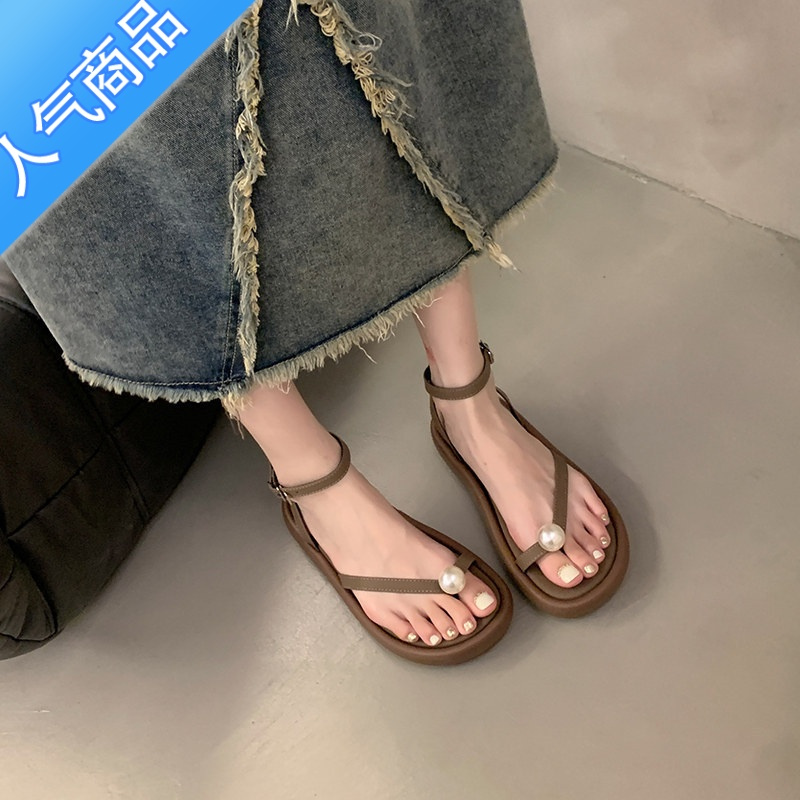 SUNTEK配裙子时尚法式凉鞋女2023夏季新款设计感小众珍珠夹趾时装罗马鞋