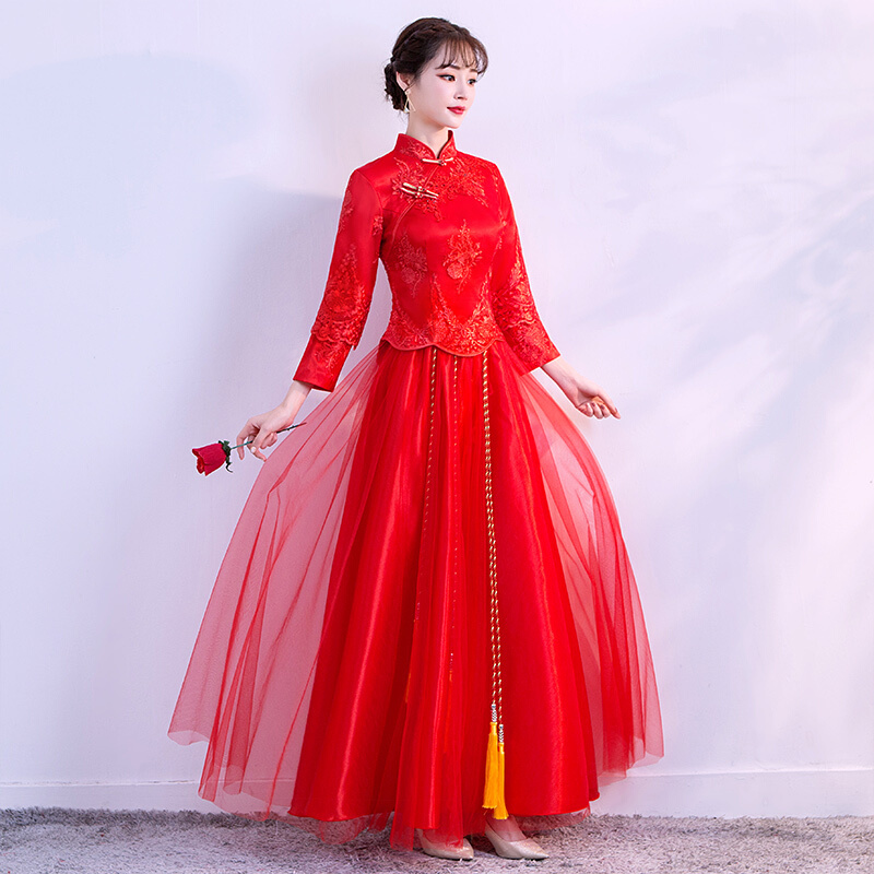 红色敬酒服新娘秋冬季中式婚纱礼服长款长袖秀禾服2018新款结婚女